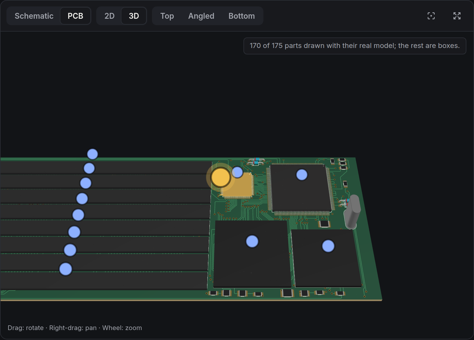 3D view of the board with real component models